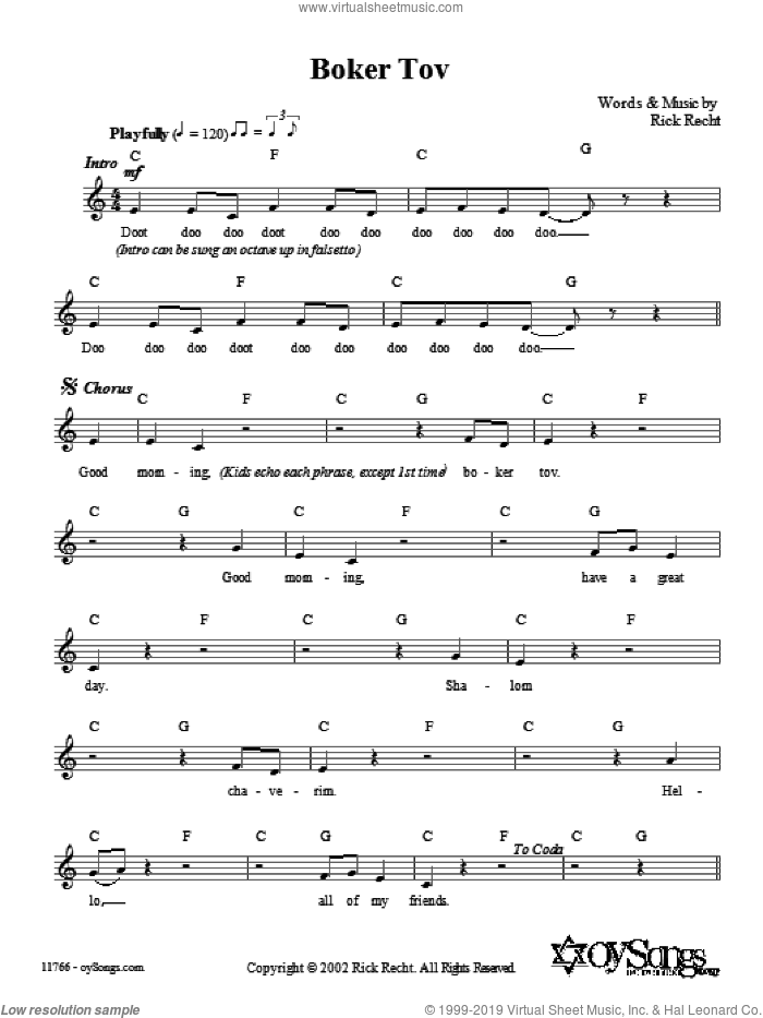 Boker Tov sheet music for voice and other instruments (fake book) by Rick Recht, intermediate skill level