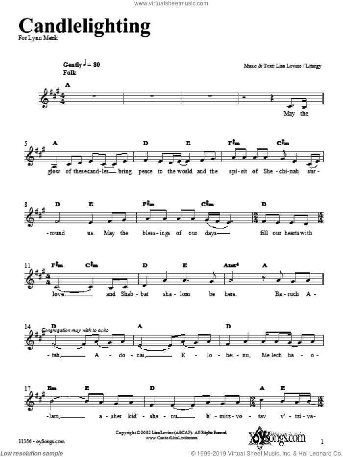 Candlelighting sheet music for voice and other instruments (fake book) by Lisa Levine, intermediate skill level