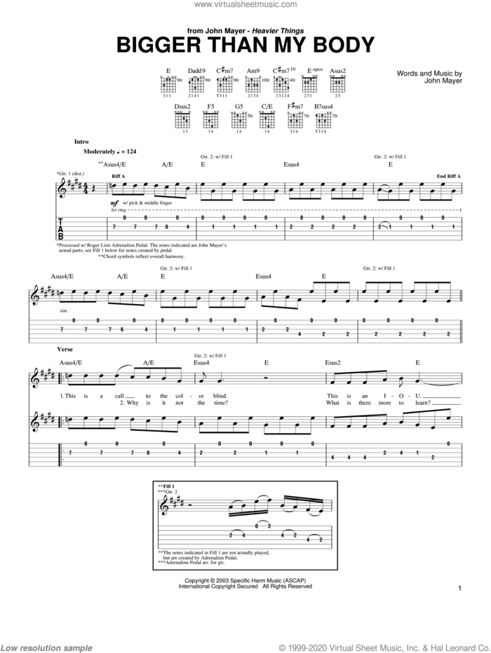 Bigger Than My Body sheet music for guitar (tablature) by John Mayer, intermediate skill level