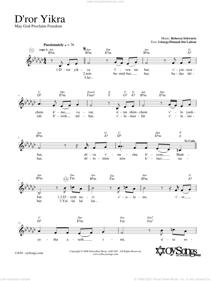 D'ror Yikra sheet music for voice and other instruments (fake book) by Rebecca Schwartz, intermediate skill level