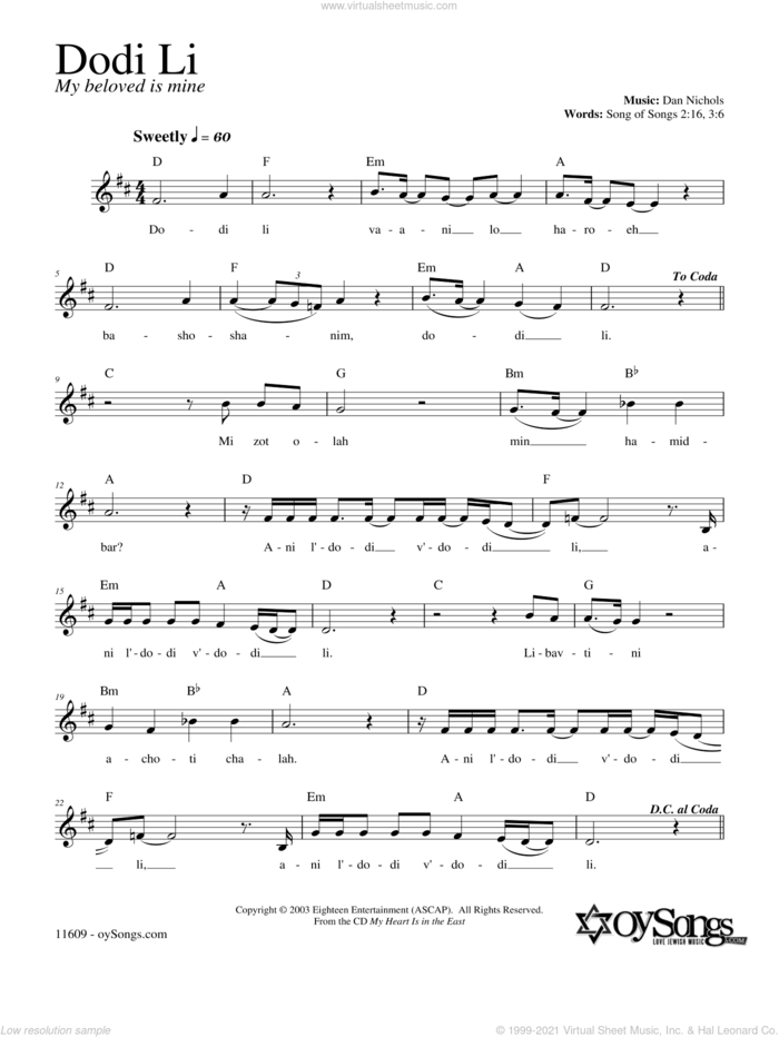 Dodi Li sheet music for voice and other instruments (fake book) by Dan Nichols, intermediate skill level