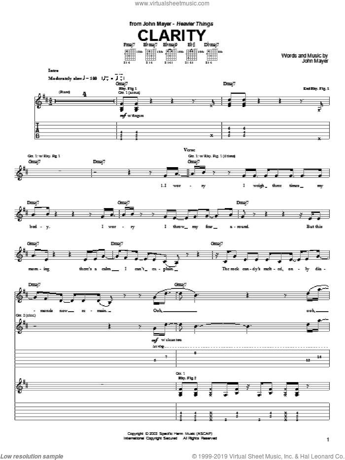 Clarity sheet music for guitar (tablature) by John Mayer, intermediate skill level
