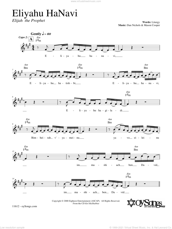 Eliyahu HaNavi sheet music for voice and other instruments (fake book) by Dan Nichols, intermediate skill level