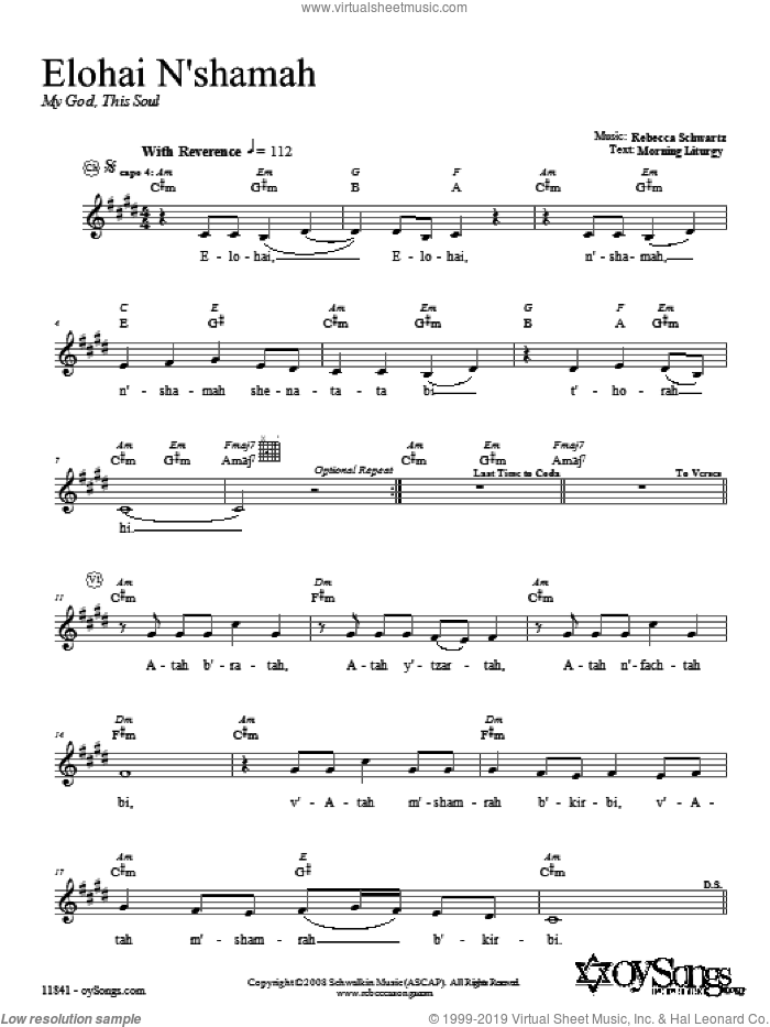 Elohai N'shamah sheet music for voice and other instruments (fake book) by Rebecca Schwartz, intermediate skill level