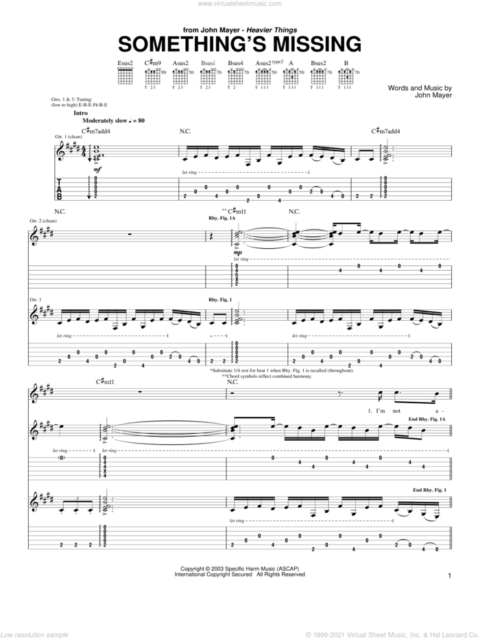 Something's Missing sheet music for guitar (tablature) by John Mayer, intermediate skill level