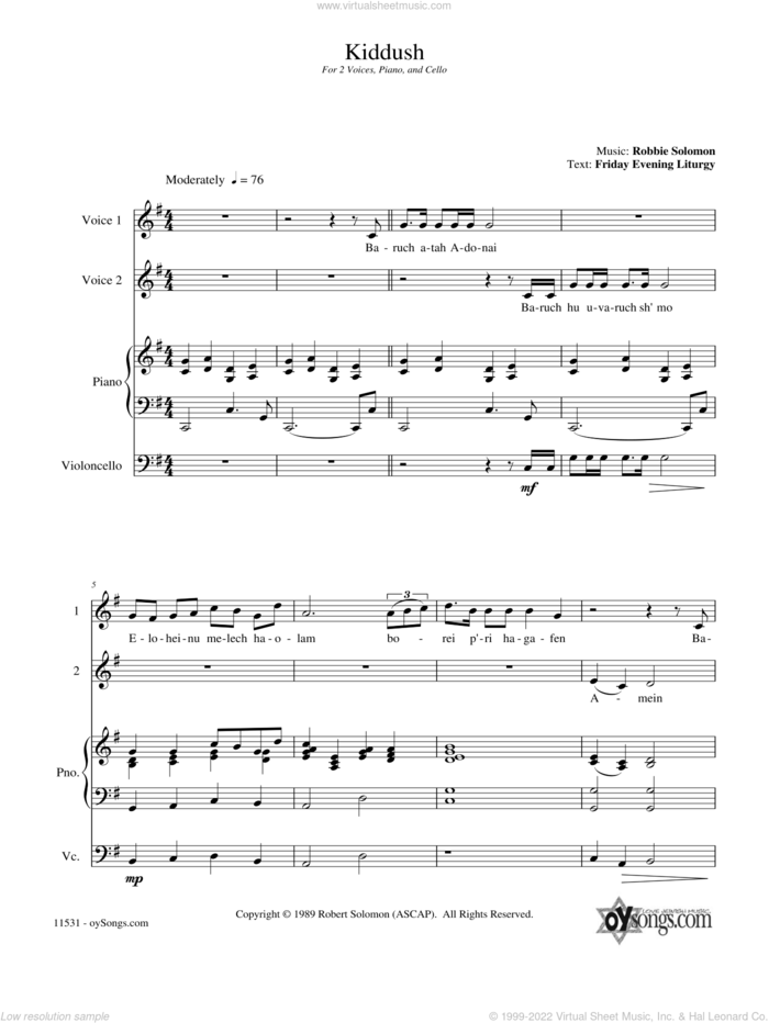 Kiddush sheet music for choir (2-Part) by Robbie Solomon, intermediate duet