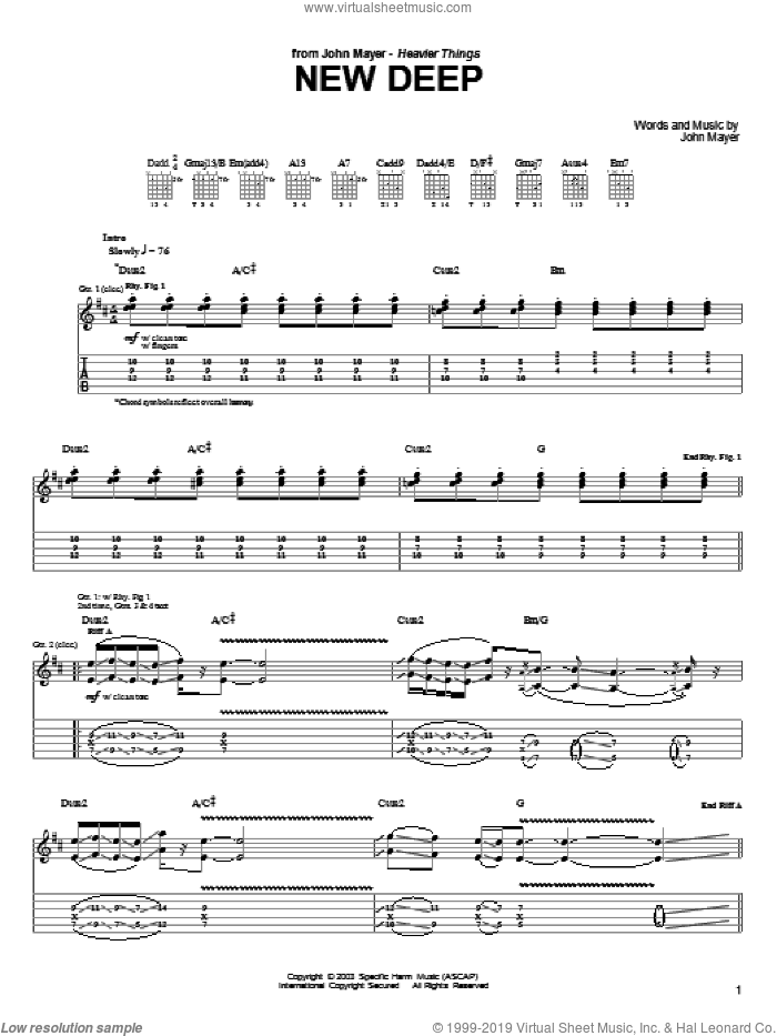 New Deep sheet music for guitar (tablature) by John Mayer, intermediate skill level