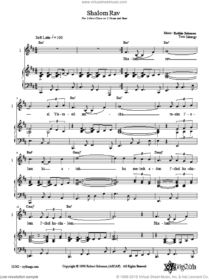 Shalom Rav sheet music for choir (2-Part) by Robbie Solomon, intermediate duet