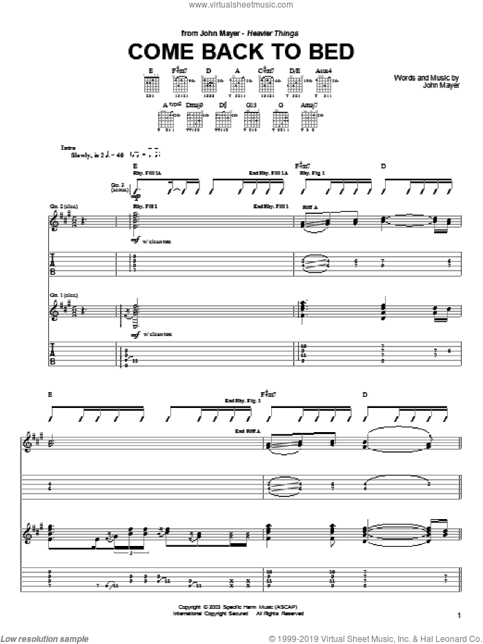 Come Back To Bed sheet music for guitar (tablature) by John Mayer, intermediate skill level