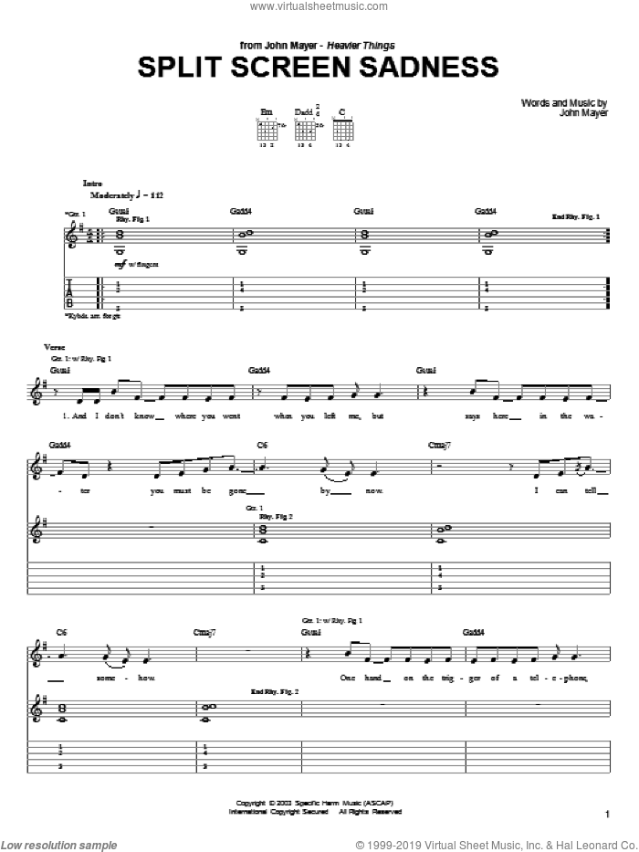 Split Screen Sadness sheet music for guitar (tablature) by John Mayer, intermediate skill level