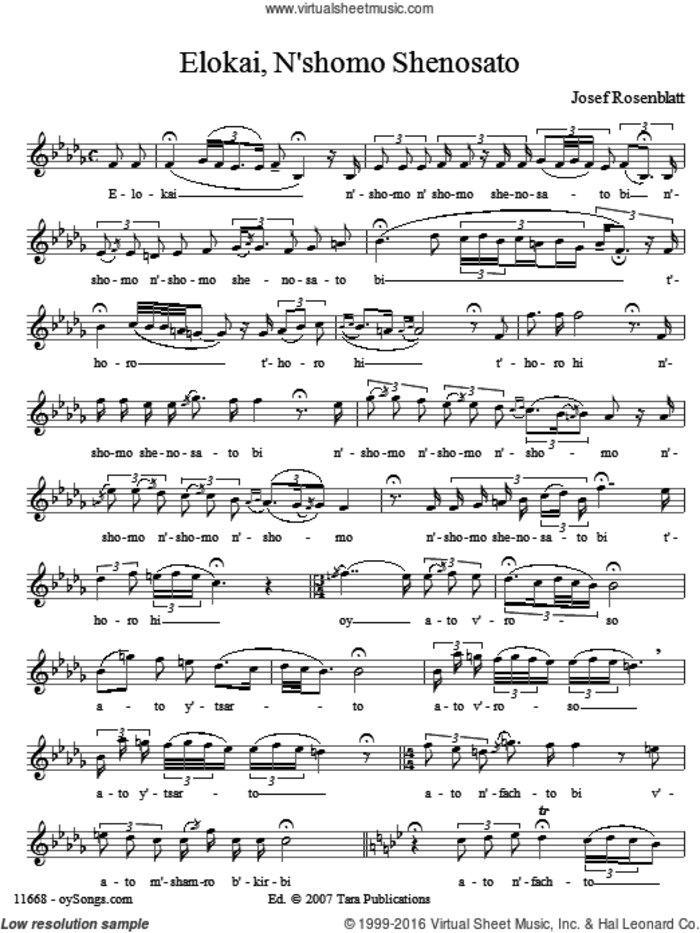 Elokai N'shomo Shenosato sheet music for voice and other instruments (solo) by Yossele Rosenblatt, intermediate skill level