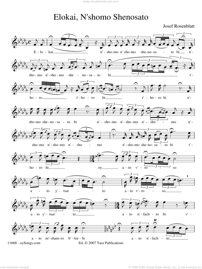 Elokai N'shomo Shenosato sheet music for voice and other instruments (solo) by Yossele Rosenblatt, intermediate skill level