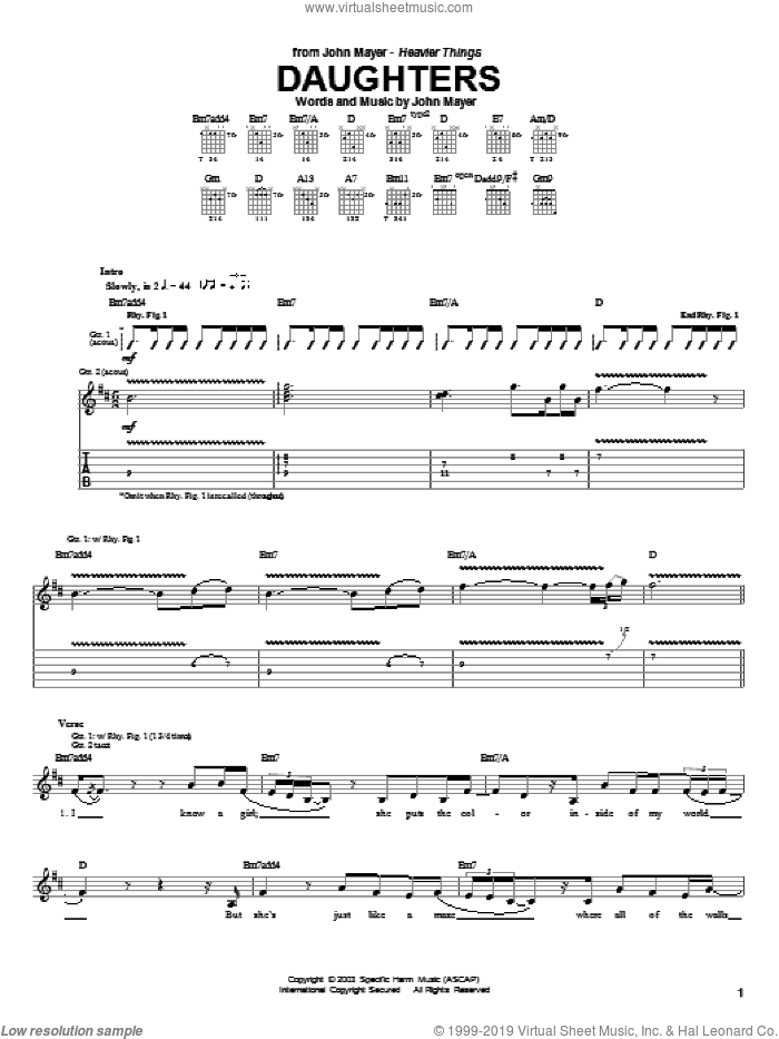 Daughters sheet music for guitar (tablature) by John Mayer, intermediate skill level