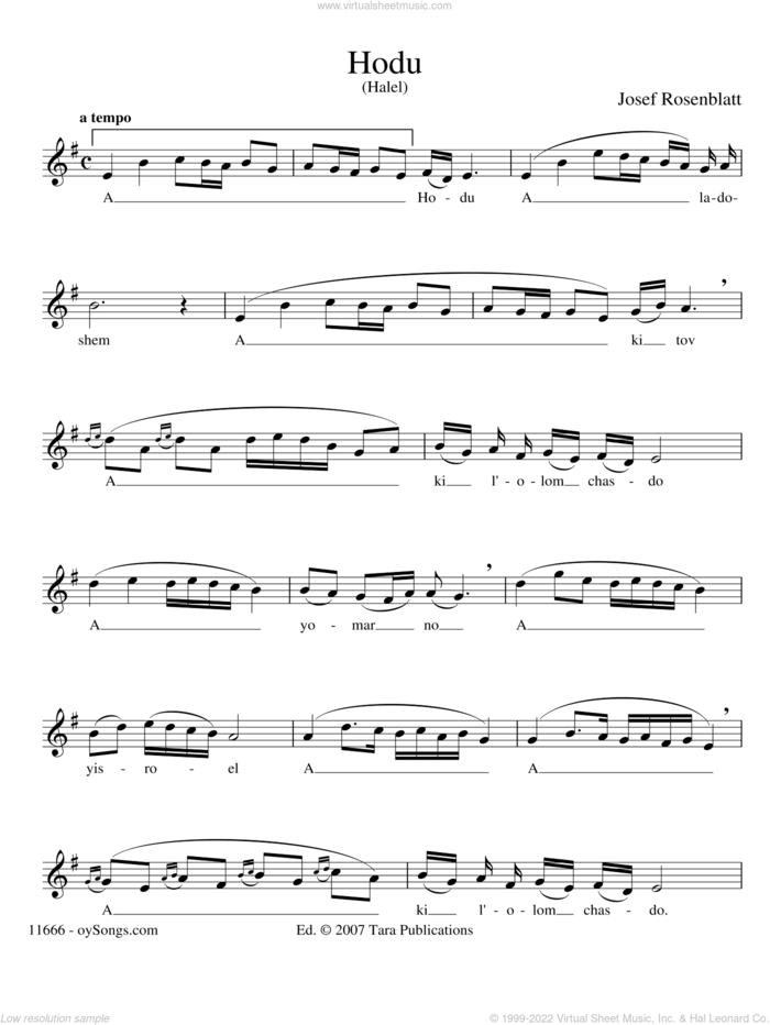 Hodu (Halel) sheet music for voice and other instruments (solo) by Yossele Rosenblatt, intermediate skill level