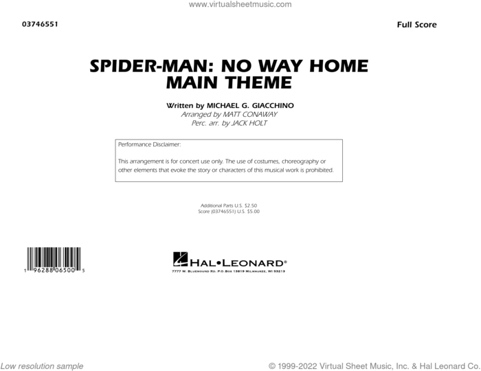 Spider-Man: No Way Home Main Theme (arr. Conaway) sheet music for marching band (full score) by Michael Giacchino, Jack Holt and Matt Conaway, intermediate skill level