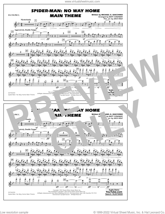 Spider-Man: No Way Home Main Theme (arr. Conaway) sheet music for marching band (flute/piccolo) by Michael Giacchino, Jack Holt and Matt Conaway, intermediate skill level