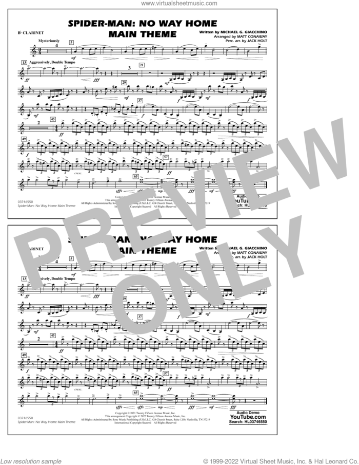 Spider-Man: No Way Home Main Theme (arr. Conaway) sheet music for marching band (Bb clarinet) by Michael Giacchino, Jack Holt and Matt Conaway, intermediate skill level