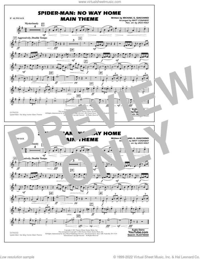 Spider-Man: No Way Home Main Theme (arr. Conaway) sheet music for marching band (Eb alto sax) by Michael Giacchino, Jack Holt and Matt Conaway, intermediate skill level