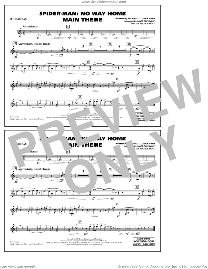 Spider-Man: No Way Home Main Theme (arr. Conaway) sheet music for marching band (Bb tenor sax) by Michael Giacchino, Jack Holt and Matt Conaway, intermediate skill level