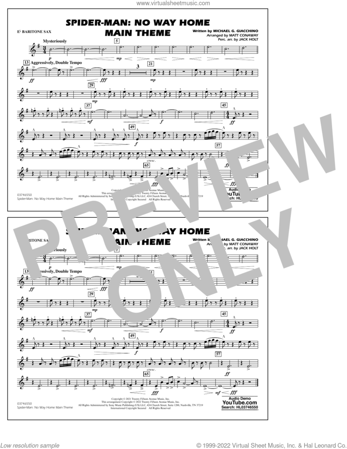 Spider-Man: No Way Home Main Theme (arr. Conaway) sheet music for marching band (Eb baritone sax) by Michael Giacchino, Jack Holt and Matt Conaway, intermediate skill level
