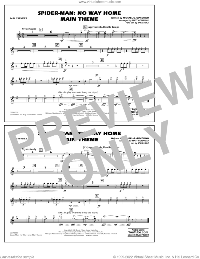 Spider-Man: No Way Home Main Theme (arr. Conaway) sheet music for marching band (1st Bb trumpet) by Michael Giacchino, Jack Holt and Matt Conaway, intermediate skill level