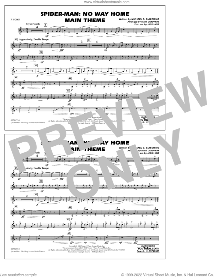 Spider-Man: No Way Home Main Theme (arr. Conaway) sheet music for marching band (f horn) by Michael Giacchino, Jack Holt and Matt Conaway, intermediate skill level