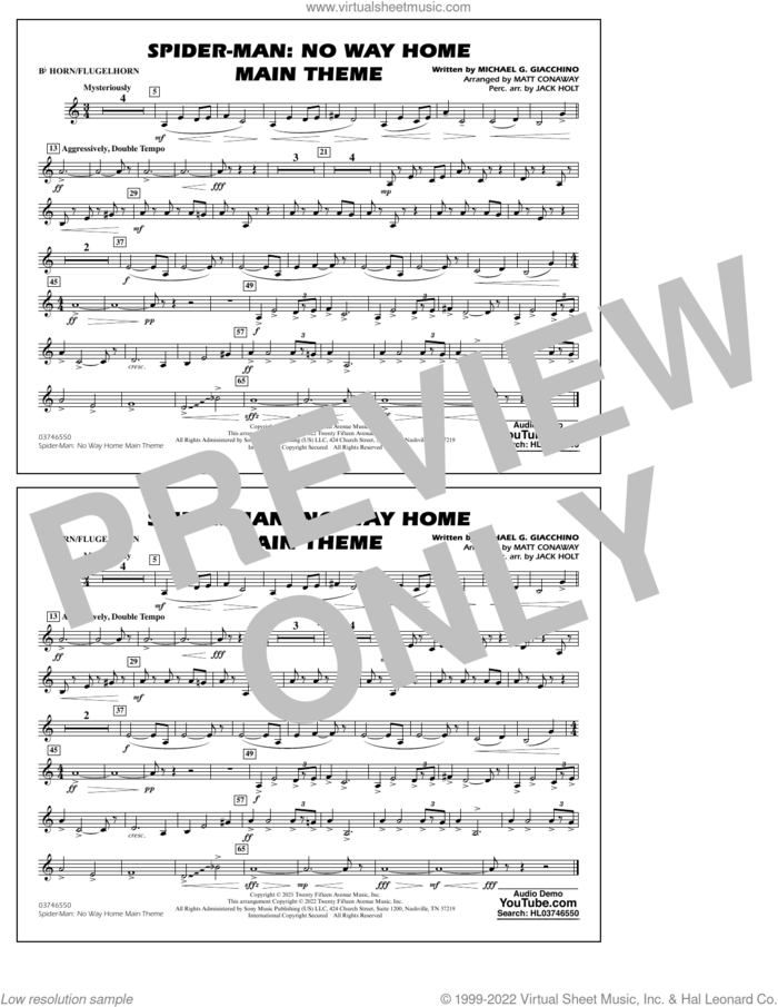 Spider-Man: No Way Home Main Theme (arr. Conaway) sheet music for marching band (Bb horn/flugelhorn) by Michael Giacchino, Jack Holt and Matt Conaway, intermediate skill level