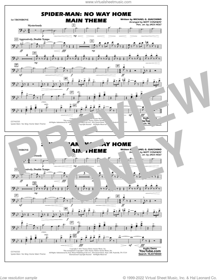 Spider-Man: No Way Home Main Theme (arr. Conaway) sheet music for marching band (1st trombone) by Michael Giacchino, Jack Holt and Matt Conaway, intermediate skill level
