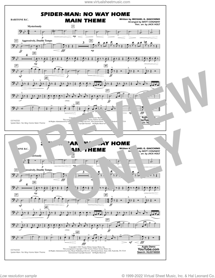 Spider-Man: No Way Home Main Theme (arr. Conaway) sheet music for marching band (baritone b.c.) by Michael Giacchino, Jack Holt and Matt Conaway, intermediate skill level