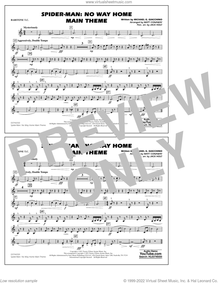 Spider-Man: No Way Home Main Theme (arr. Conaway) sheet music for marching band (baritone t.c.) by Michael Giacchino, Jack Holt and Matt Conaway, intermediate skill level