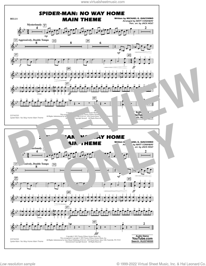Spider-Man: No Way Home Main Theme (arr. Conaway) sheet music for marching band (bells) by Michael Giacchino, Jack Holt and Matt Conaway, intermediate skill level