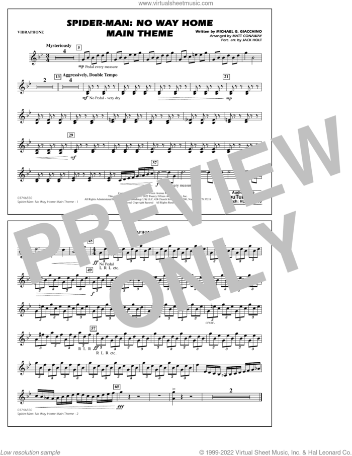 Spider-Man: No Way Home Main Theme (arr. Conaway) sheet music for marching band (vibraphone) by Michael Giacchino, Jack Holt and Matt Conaway, intermediate skill level