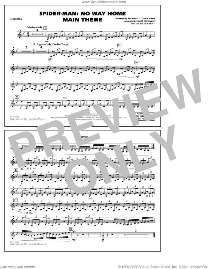 Spider-Man: No Way Home Main Theme (arr. Conaway) sheet music for marching band (marimba) by Michael Giacchino, Jack Holt and Matt Conaway, intermediate skill level