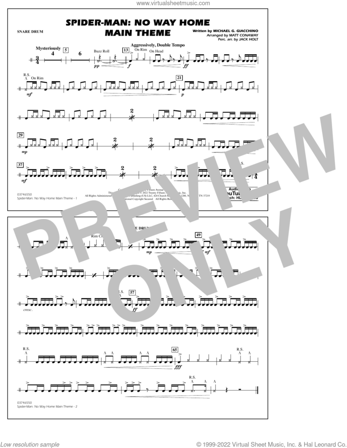 Spider-Man: No Way Home Main Theme (arr. Conaway) sheet music for marching band (snare drum) by Michael Giacchino, Jack Holt and Matt Conaway, intermediate skill level