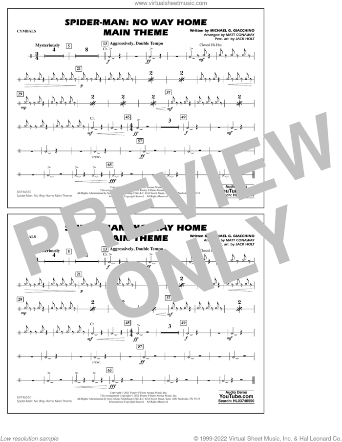Spider-Man: No Way Home Main Theme (arr. Conaway) sheet music for marching band (cymbals) by Michael Giacchino, Jack Holt and Matt Conaway, intermediate skill level
