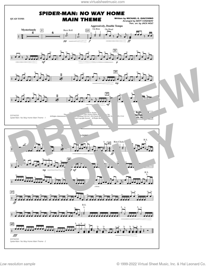 Spider-Man: No Way Home Main Theme (arr. Conaway) sheet music for marching band (quad toms) by Michael Giacchino, Jack Holt and Matt Conaway, intermediate skill level