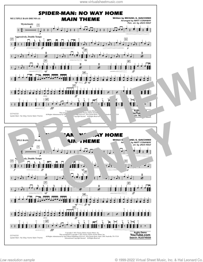 Spider-Man: No Way Home Main Theme (arr. Conaway) sheet music for marching band (multiple bass drums) by Michael Giacchino, Jack Holt and Matt Conaway, intermediate skill level