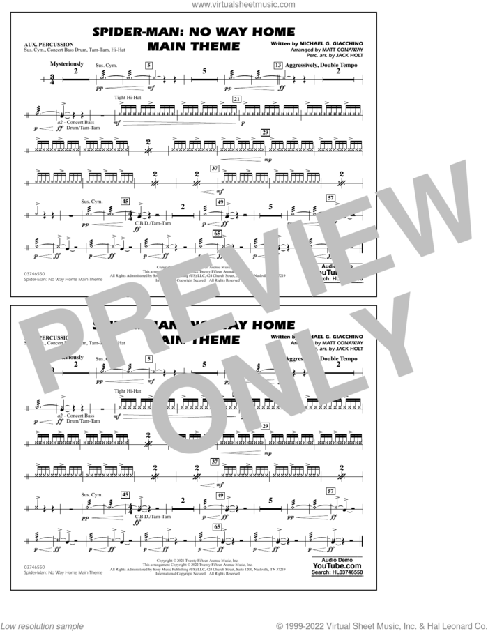 Spider-Man: No Way Home Main Theme (arr. Conaway) sheet music for marching band (aux percussion) by Michael Giacchino, Jack Holt and Matt Conaway, intermediate skill level
