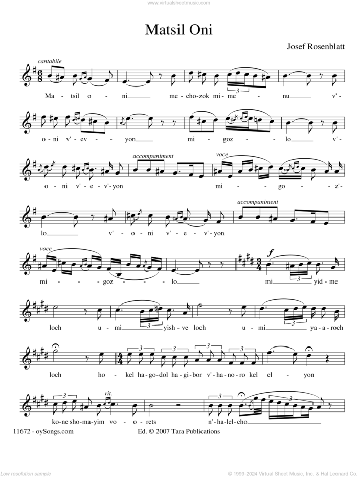 Matsil Oni sheet music for voice and other instruments (solo) by Yossele Rosenblatt, intermediate skill level