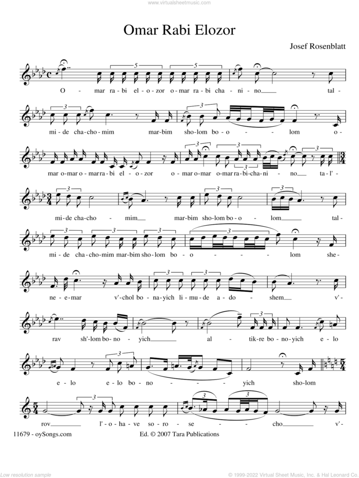 Omar Rabi Elozor sheet music for voice and other instruments (solo) by Yossele Rosenblatt, intermediate skill level