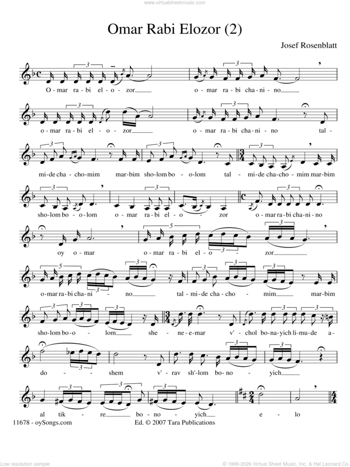 Omar Rabi Elozor 2 sheet music for voice and other instruments (solo) by Yossele Rosenblatt, intermediate skill level