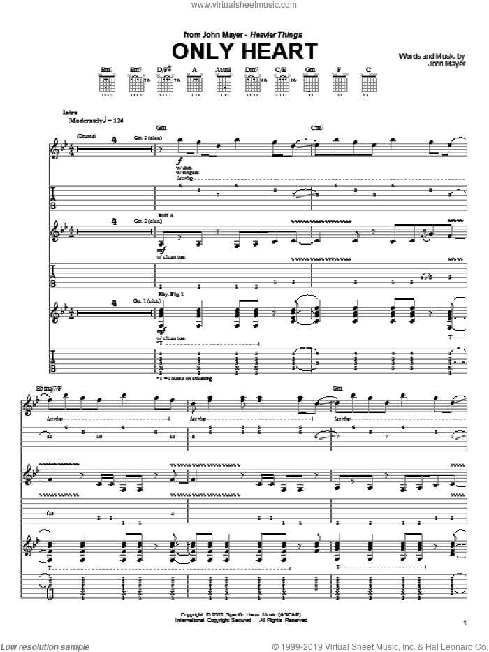 Only Heart sheet music for guitar (tablature) by John Mayer, intermediate skill level