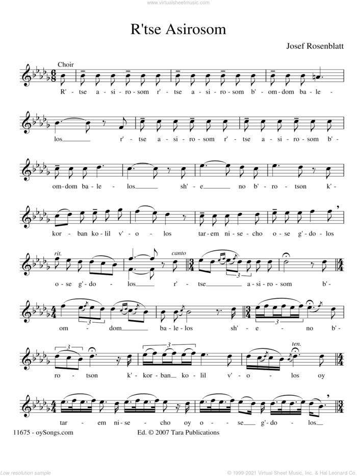 R'tse Asirosom sheet music for voice and piano (Solo ) by Yossele Rosenblatt, intermediate skill level