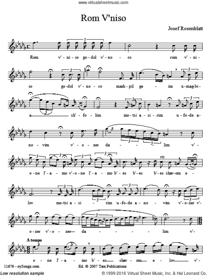 Rom V'niso sheet music for voice and other instruments (solo) by Yossele Rosenblatt, intermediate skill level
