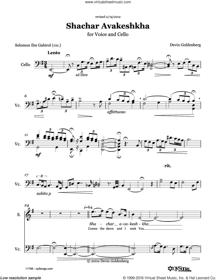 Shachar Avakeshcha sheet music for voice and other instruments (solo) by Devin Goldenberg, intermediate skill level