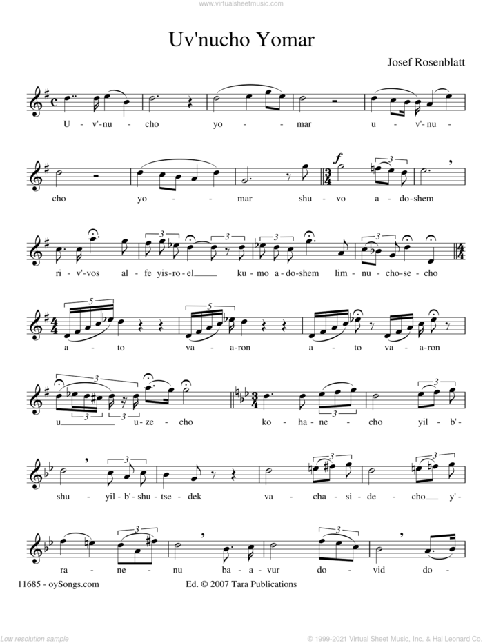 Uv'nocho Yomar sheet music for voice and other instruments (solo) by Yossele Rosenblatt, intermediate skill level