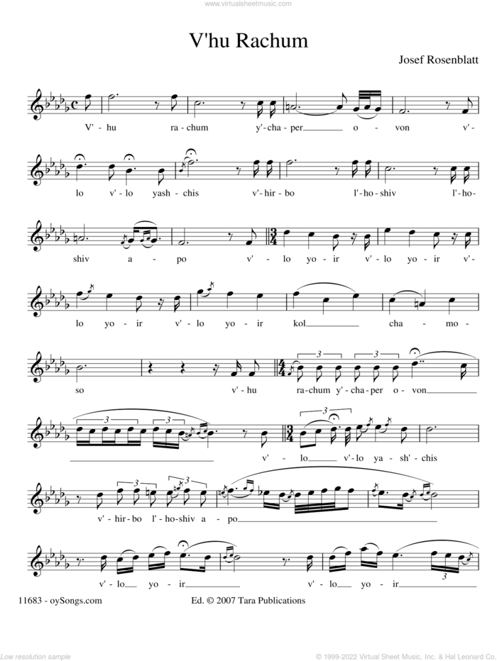 V'hu Rachum sheet music for voice and piano (Solo ) by Yossele Rosenblatt, intermediate skill level
