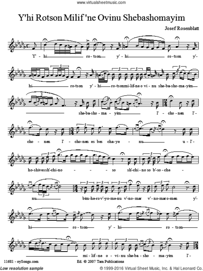 Y'hi Ratson Milif'ne Ovinu Shebashomayim sheet music for voice and other instruments (solo) by Yossele Rosenblatt, intermediate skill level