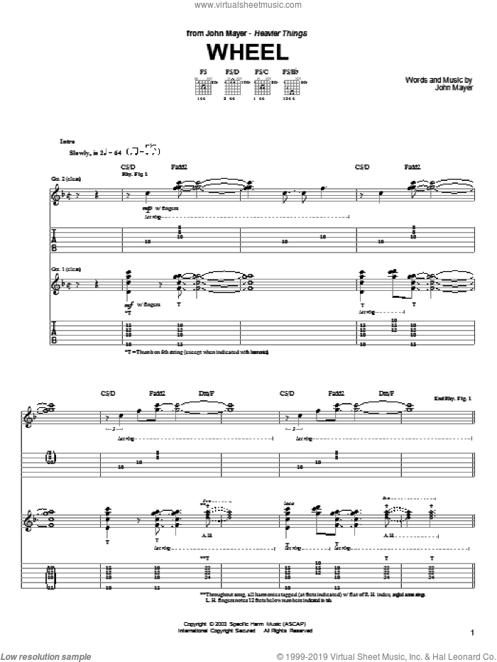 Wheel sheet music for guitar (tablature) by John Mayer, intermediate skill level
