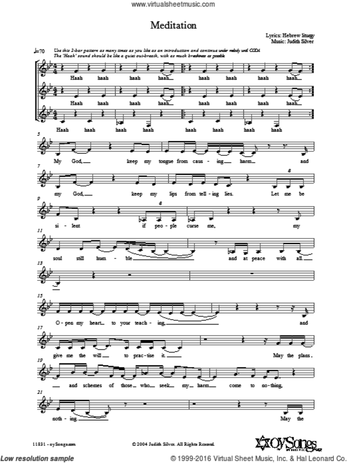 Meditation sheet music for choir (3-Part) by Judith Silver, intermediate skill level